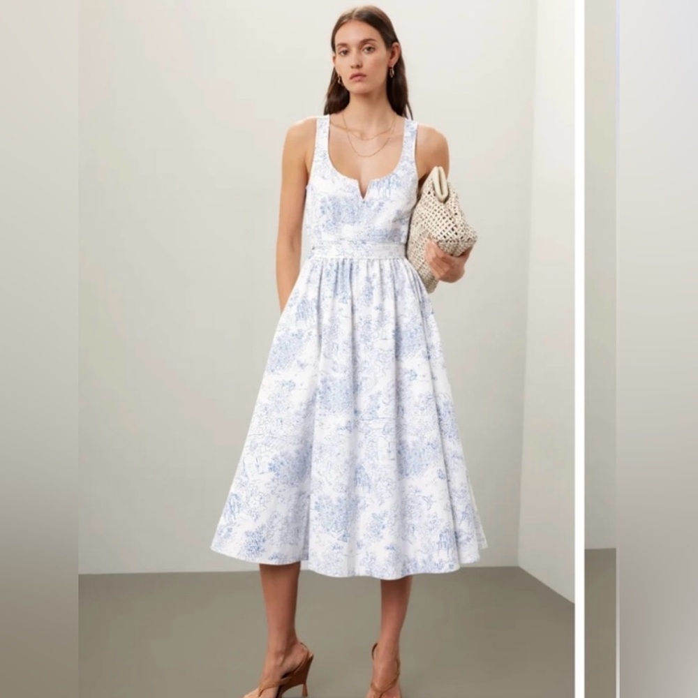 Cinq à Sept Ebba Garden NWT Dress Toile Stretch Cotton Regencycore White Blue